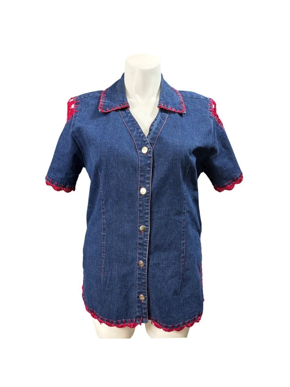 Erica Brooke Vintage Blue Denim Shirt Red Crochet Trim Short Sleeve Plus Size 14
